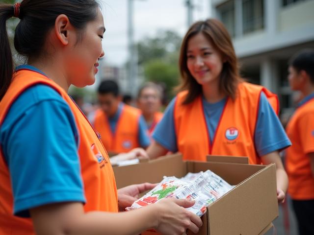 Community volunteers distributing food and essentials to vulnerable families in Singapore