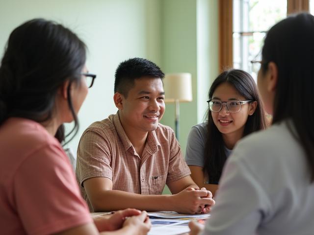 A culturally diverse group of newcomers and migrants receiving orientation support and community guidance